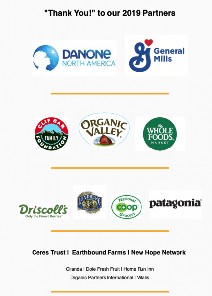Graphic of OFRF sponsor logos: Danone; General Mills; Clif Bar Foundation; Organic Valley; Whole Foods: Driscoll's: Lundberg Rice; National Co-op Grocers; and Patagonia