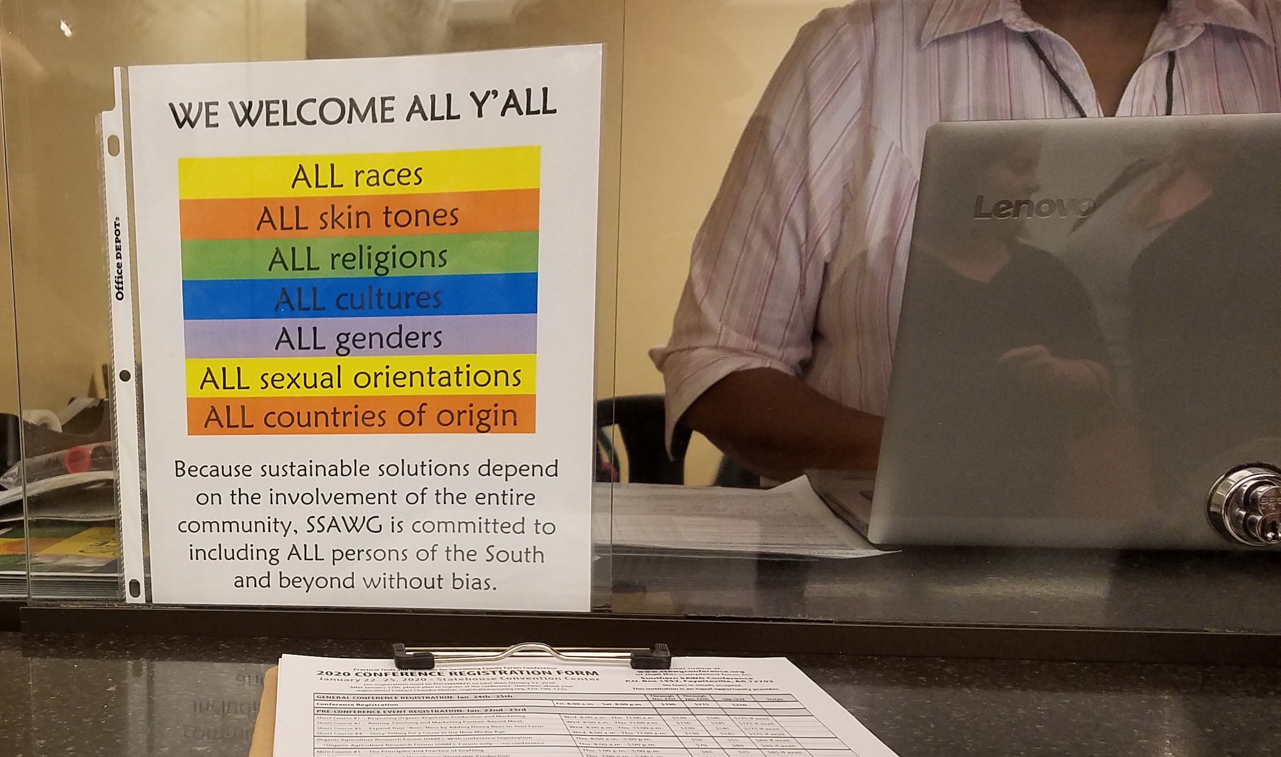 sign at registration welcomes all