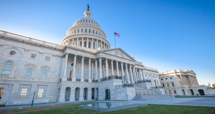 Low angled view of the U.S. Capitol East Facade Front in Washington, DC