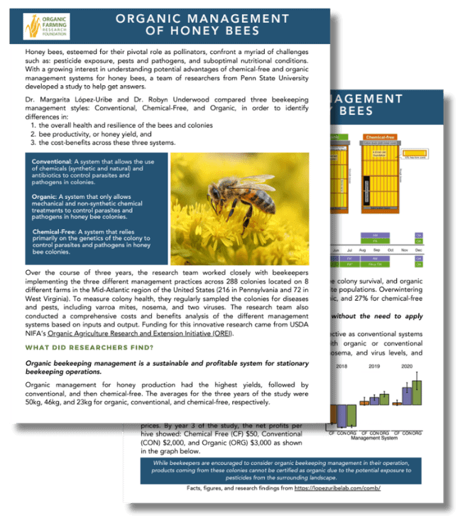 image of two-page pdf factsheet on the organic management of honey bees
