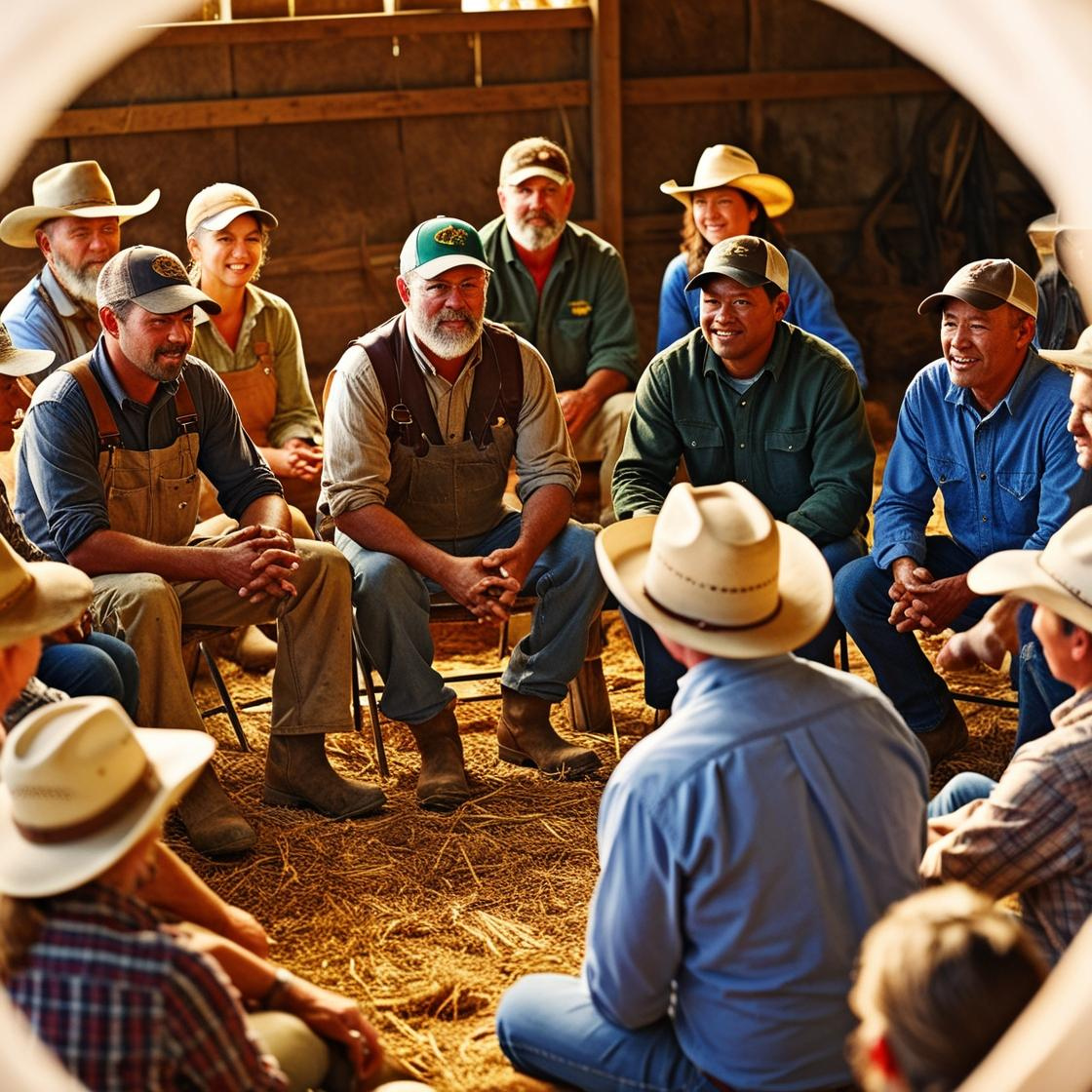 group of farmers sitting in focus group in a barn