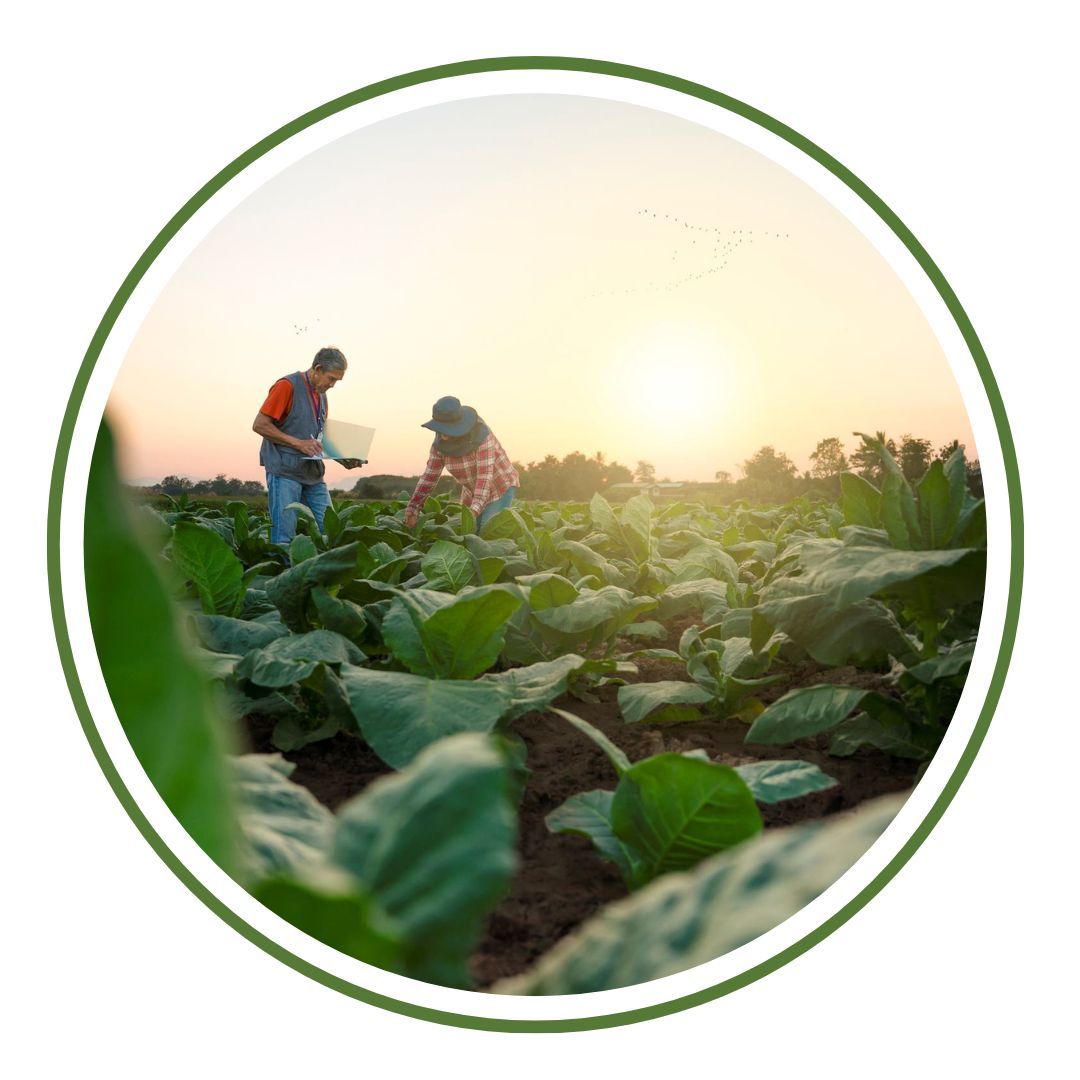 circular image of two people bent over in a field