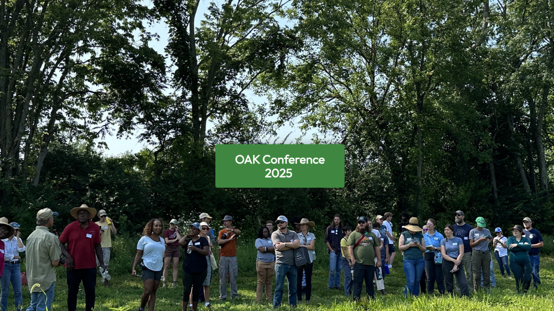 farmers gathering in field with button to register for OAK 2025 Conference in the middle