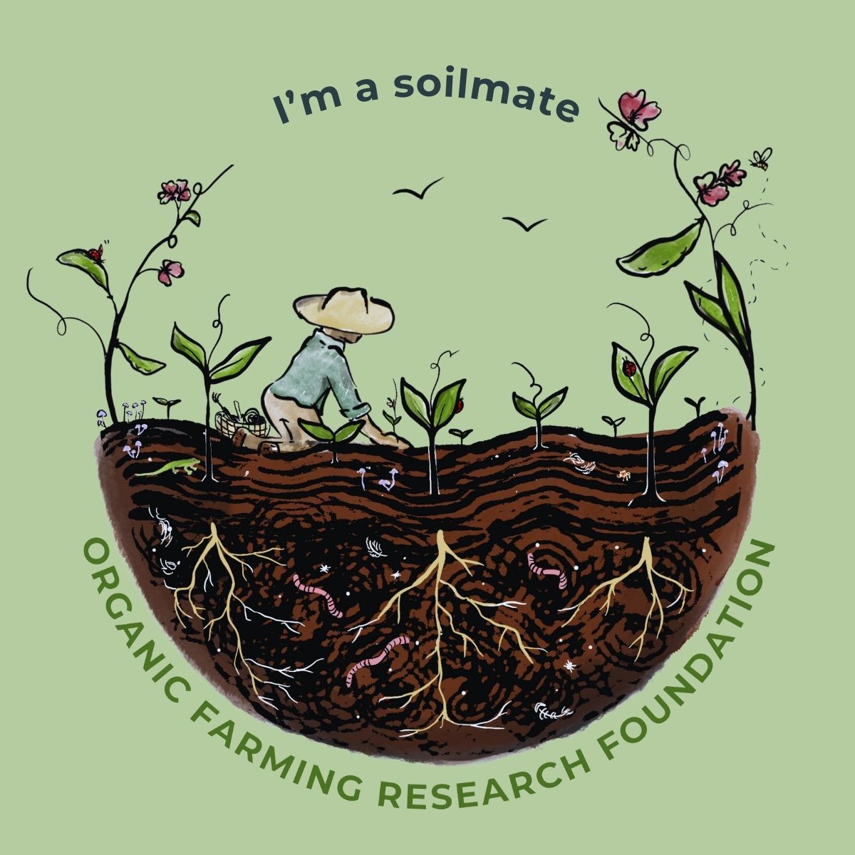 solimates illustration with a person working the soil and lots of seedlings blooming up with the words "I'm a soilmate" and "Organic Farming Research Foundation"