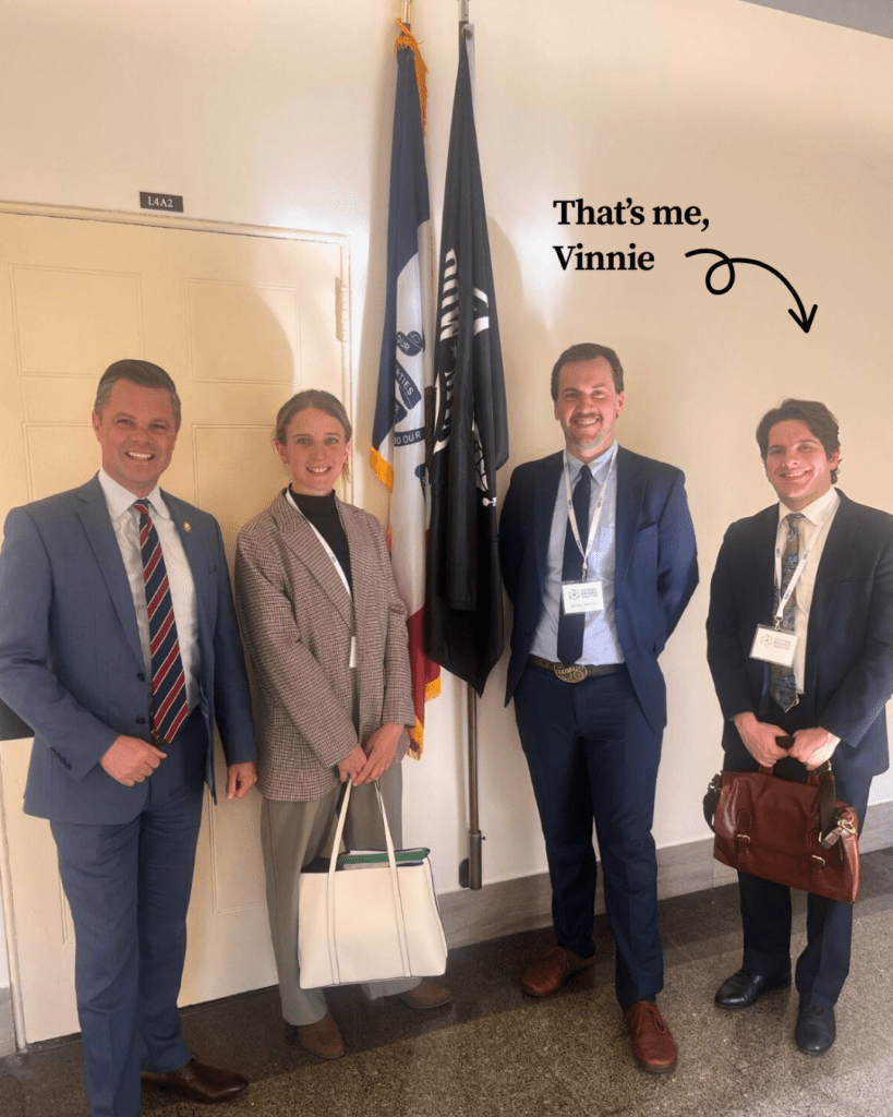 Vinnie at NOC Fly In 2025 Rep. Nunn (IA-3, R), Alice Runde (NOC), Gordon Merrick (OFRF Sr. Policy & Programs Manager), Vinnie Trometter (OFRF Policy Fellow) during the 2025 NOC Fly-In