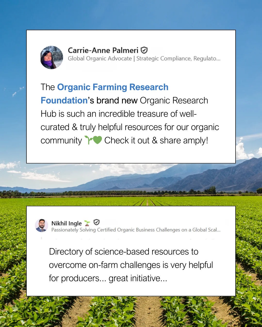 screenshots of testimonials people have shared about OFRF's Hub