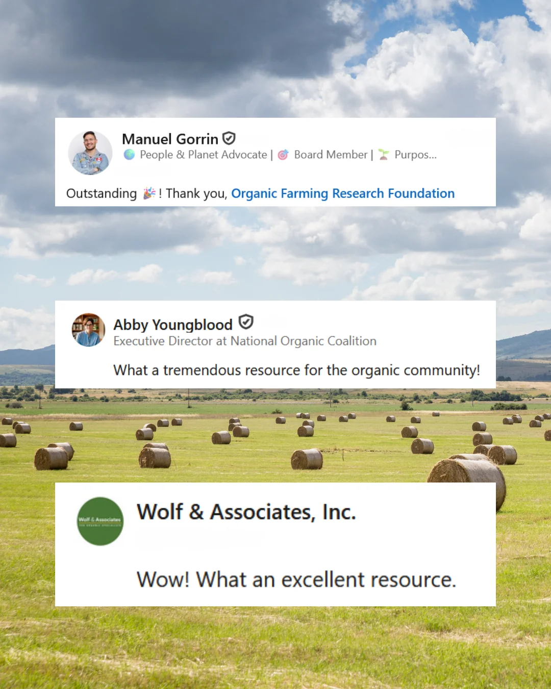 screenshots of testimonials people have shared about OFRF's Hub