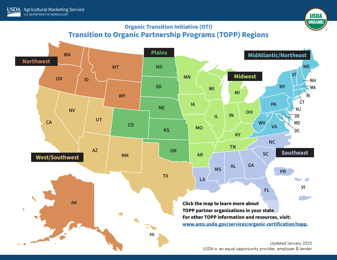 US map colored by TOPP regions, with state and region labels