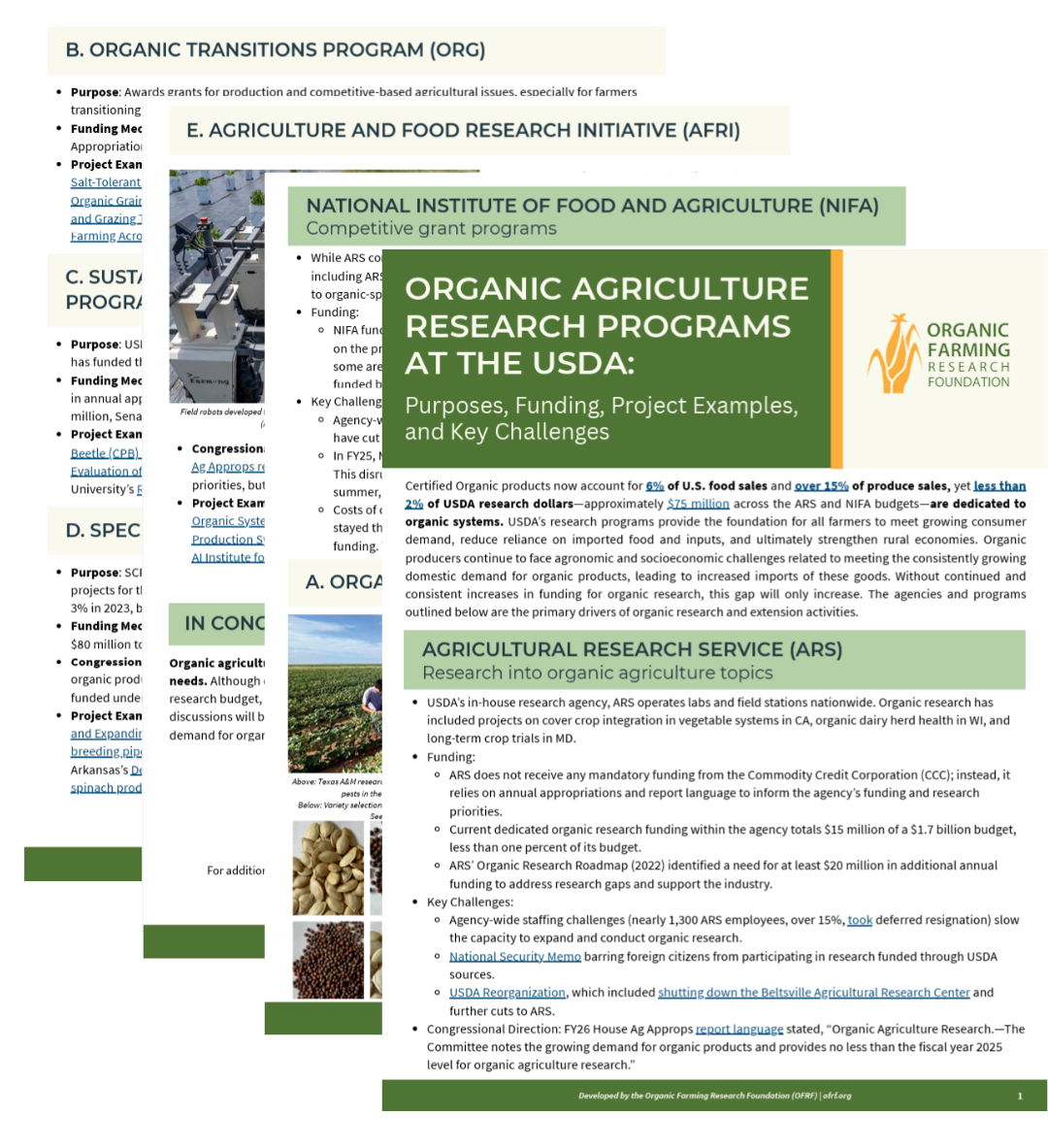 4 pages of OFRF's "Organic Agriculture Research Programs at the USDA" stacked on top of each other