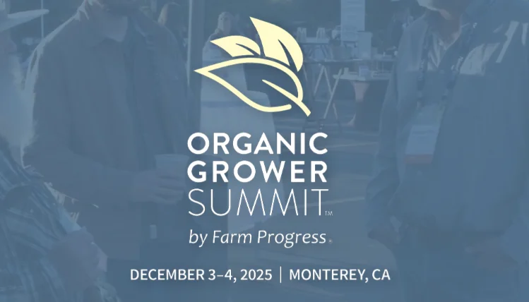 Organic Grower Summit logo on a transparent blue background of people attending a conference