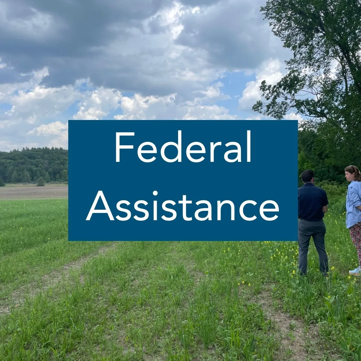 Federal Assistance Image of two people standing at the edge of a big green field with trees in the distance and the label "Federal Assistance"