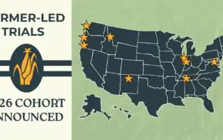 Text: "Farmer-Led Trials 2026 Cohort Announced" with map of the United State with stars specifying what area of the country the farms are located.