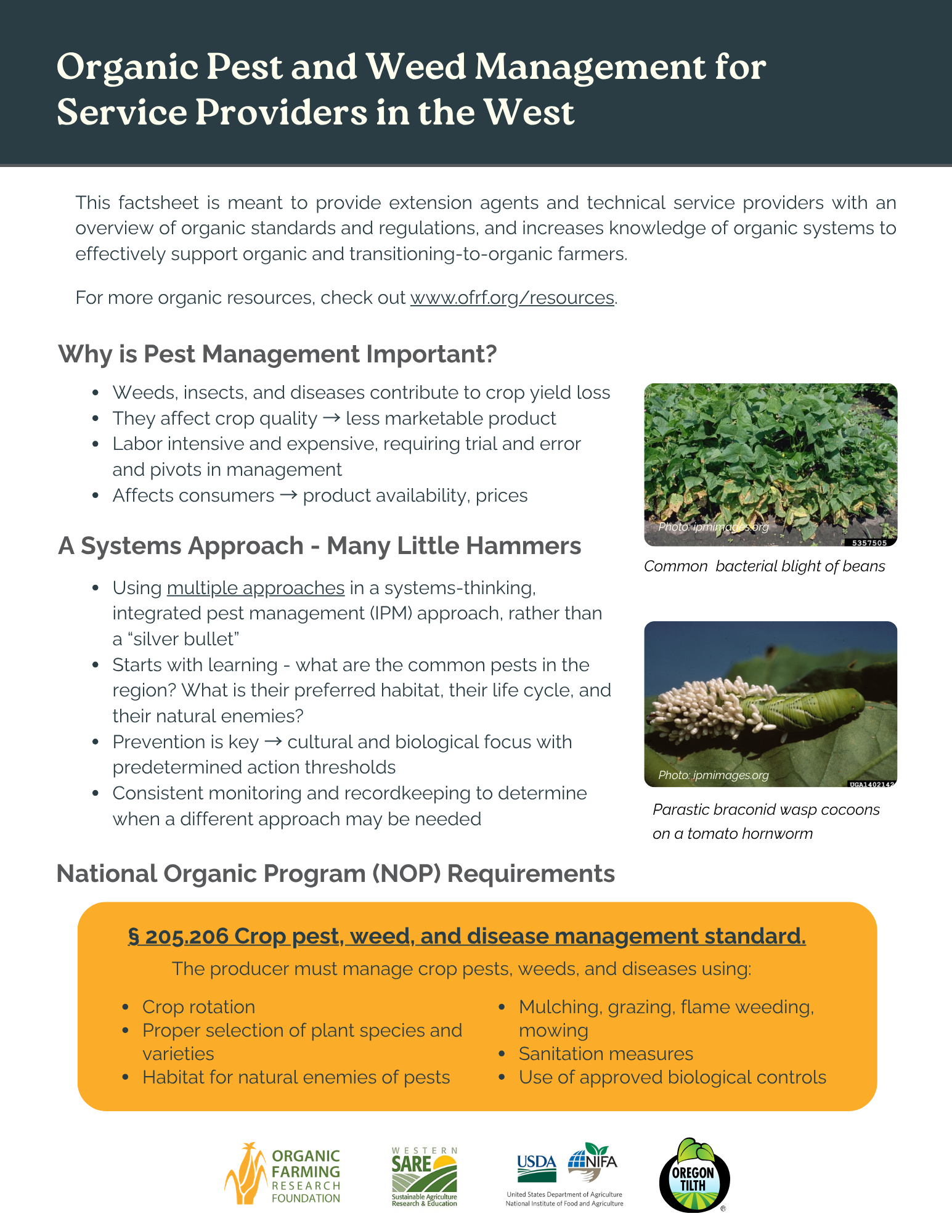 Image of the front page of a four-page factsheet on organic pest and weed management for extension agents in the west.
