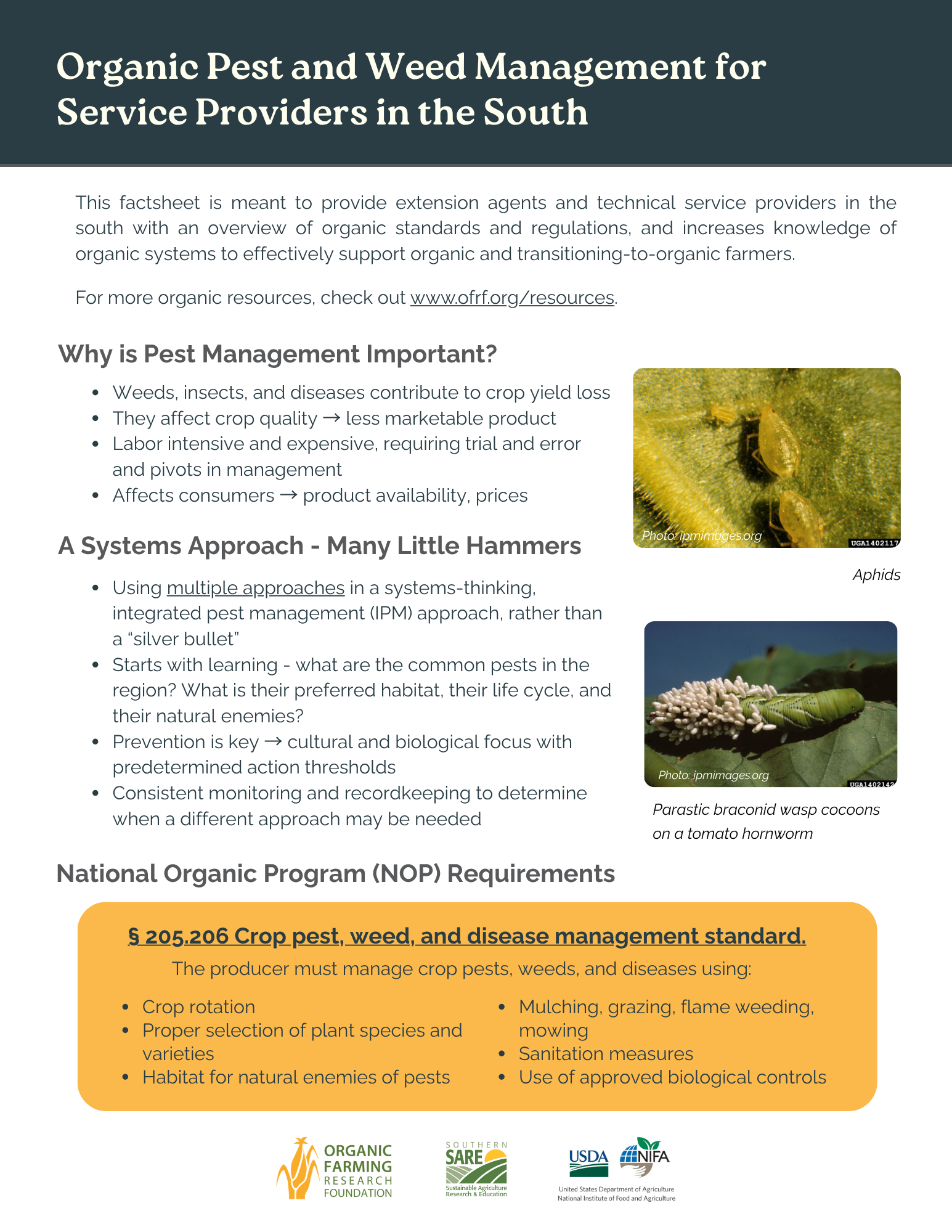 Image of the front page of a four-page factsheet on organic pest and weed management for extension agents in the west.