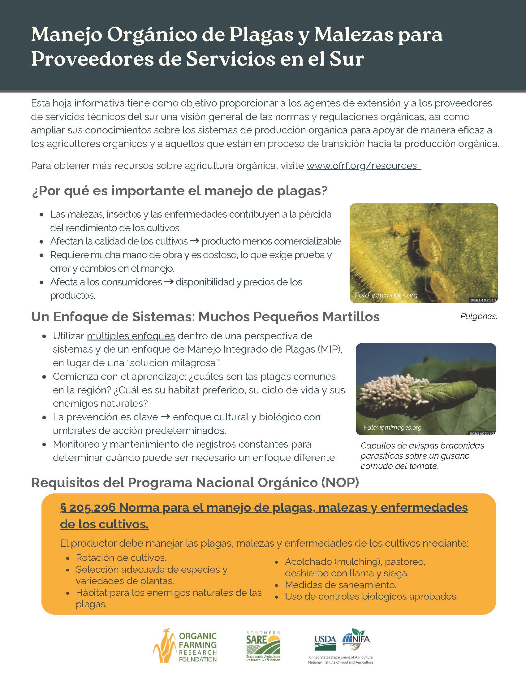 Image of the front page of a four-page factsheet on organic pest and weed management for extension agents in the west.