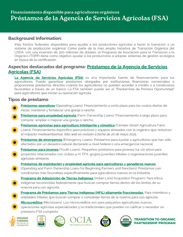 TOPP-FSA-toolkit-factsheet-ES-cover front cover of OFRF's FSA factsheet (Spanish version)