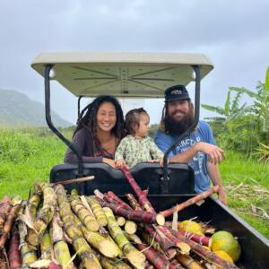 timothy-clark-sunshine-farm-foundation-sugarcane Farmer Timothy Clark and his family on a motorized cart transporting sugar cane.