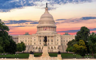 The United States Capitol Building at sunset.